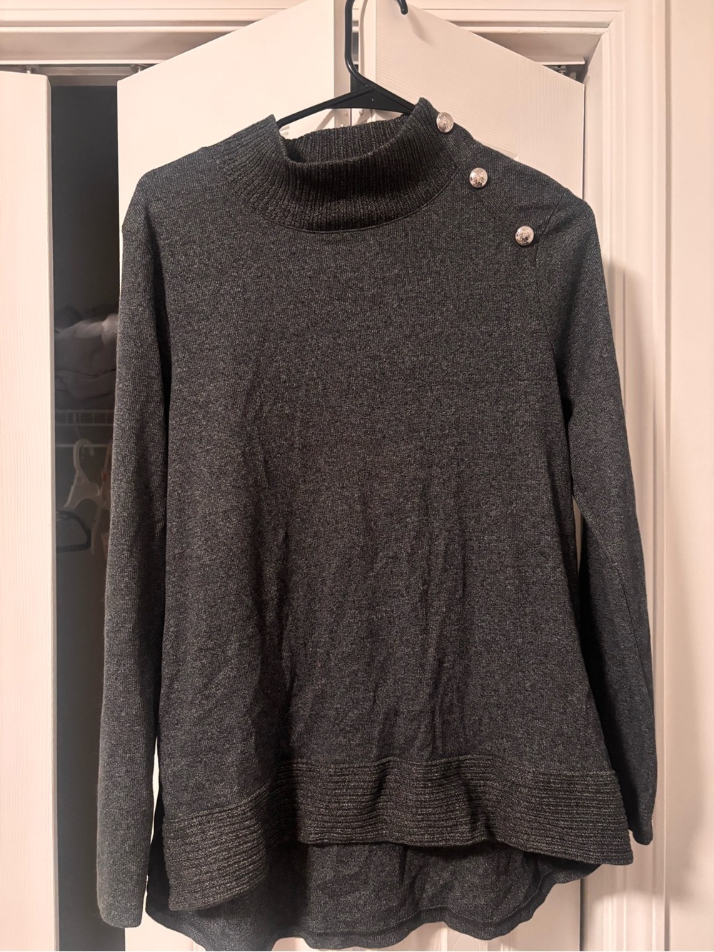 Rafaella Dark Gray Button-Shoulder Turtleneck Sweater